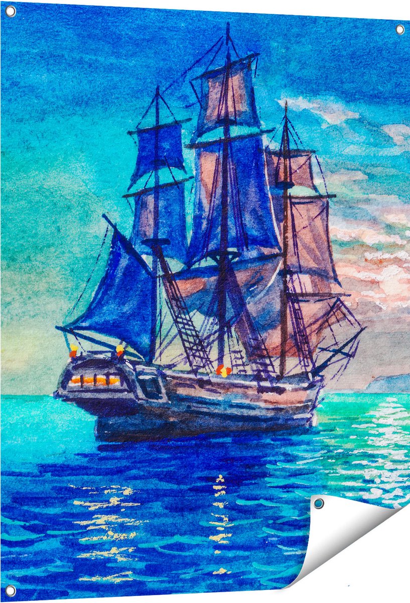 Gards Tuinposter Oude Piratenschip Zeilboot Getekend - 80x100 cm - Tuindoek - Tuindecoratie - Wanddecoratie buiten - Tuinschilderij Multikleur