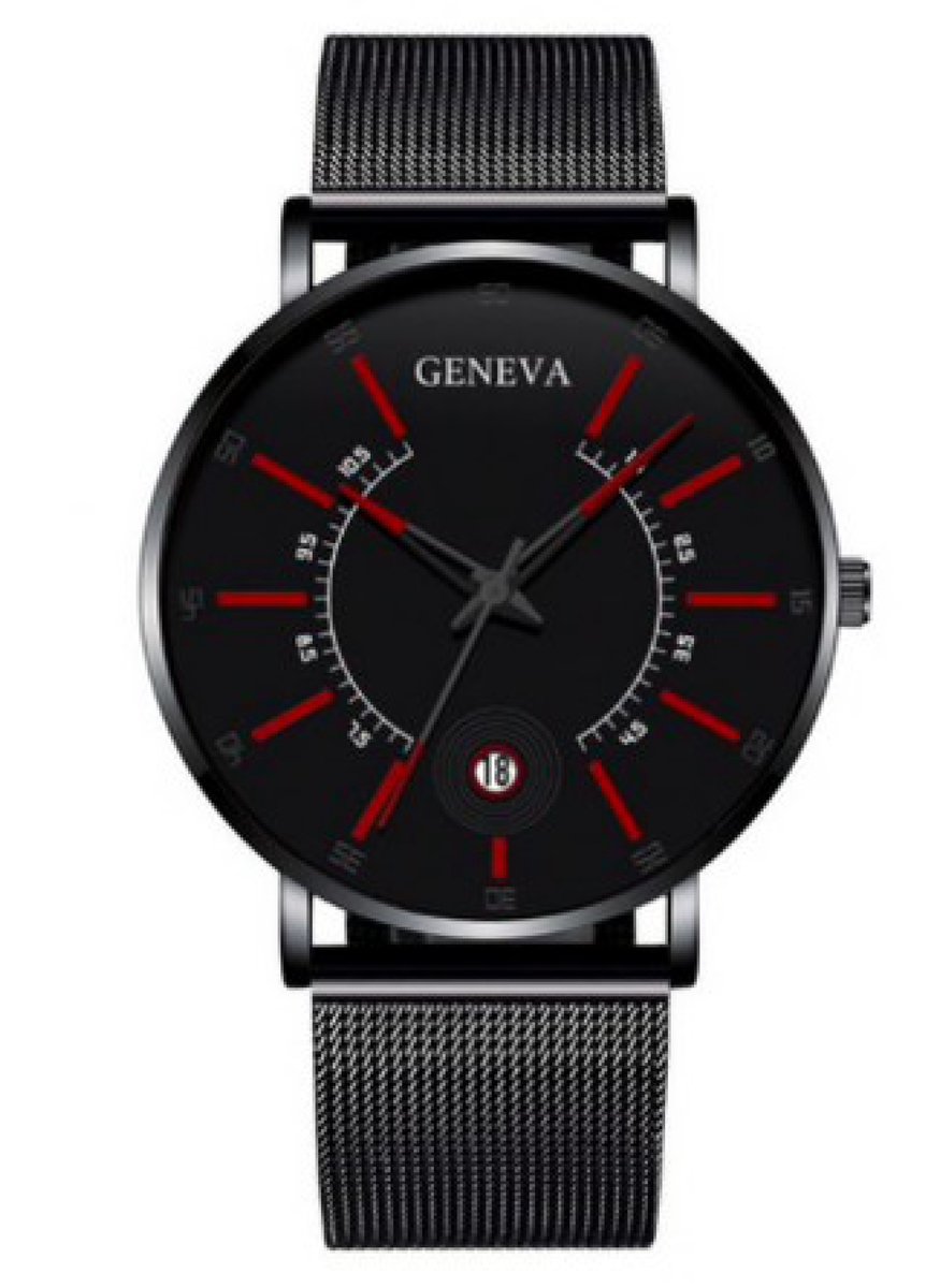 Hidzo Horloge Geneva - Met Datumaanduiding - Ø 40 mm - Zwart-Rood - Staal