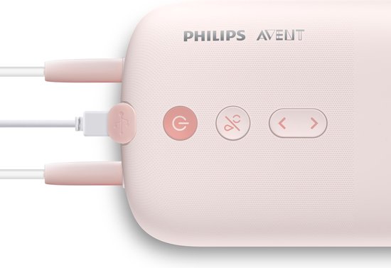 Close-up van roze Philips Avent motorunit met knoppen en USB-poorten.