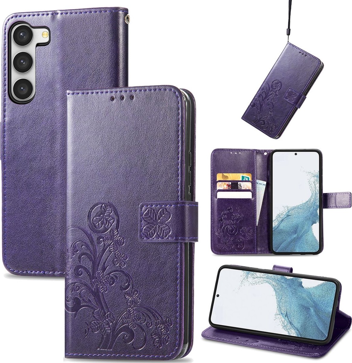Mobigear Telefoonhoesje geschikt voor Samsung Galaxy A54 Hoesje | Mobigear Clover Bookcase Portemonnee | Pasjeshouder voor 3 Pasjes | Telefoonhoesje voor Pinpas / OV Kaart / Rijbewijs - Paars