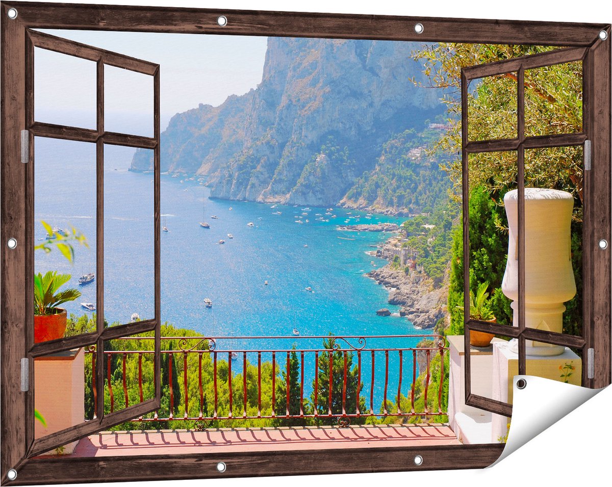 Gards Tuinposter Doorkijk Vergezicht vanaf het Terras op Bergen - 120x80 cm - Tuindoek - Tuindecoratie - Wanddecoratie buiten - Tuinschilderij donker bruin