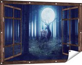 Gards Tuinposter Doorkijk Hert in het Bos tijdens Volle Maan - 120x80 cm - Tuindoek - Tuindecoratie - Wanddecoratie buiten - Tuinschilderij