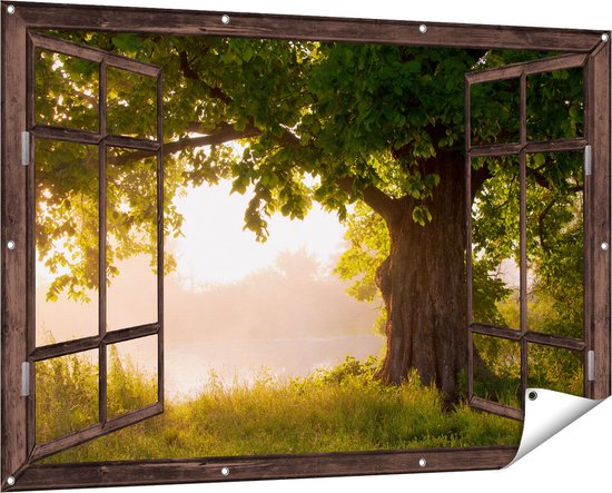 Gards Affiche Jardin Chêne Transparent sur l' Water avec Feuilles Pleines - 150x100 cm - Toile Jardin - Décoration de jardin - Décoration murale extérieur - Tableau Jardin