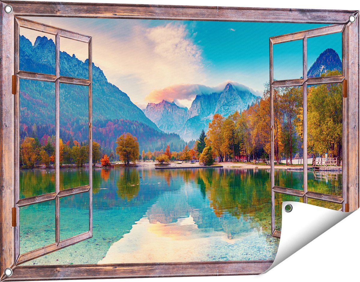 Gards Tuinposter Doorkijk Meer - 90x60 cm - Tuindoek - Tuindecoratie - Wanddecoratie buiten - Tuinschilderij bruin