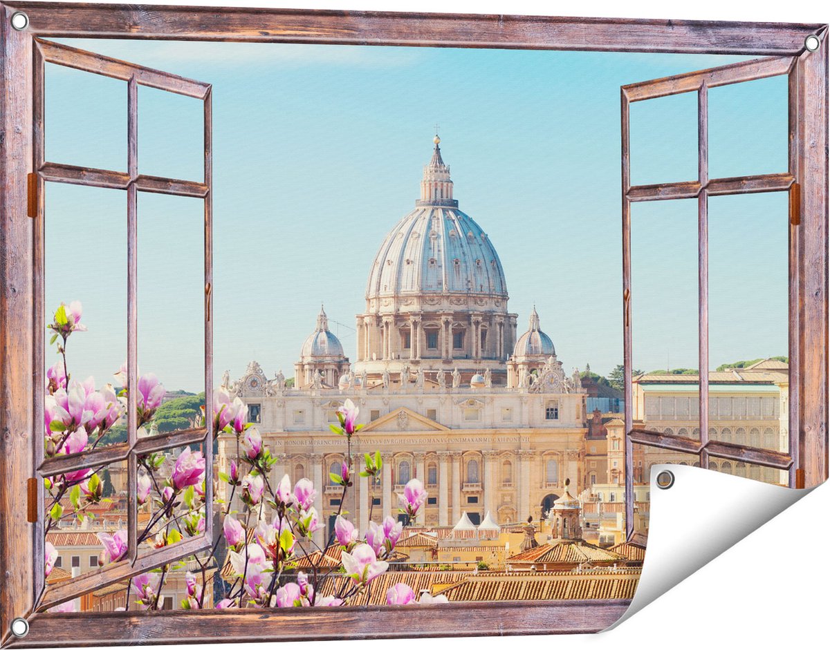 Gards Tuinposter Doorkijk Sint Pietersbasiliek in Rome met Bloemen - 90x60 cm - Tuindoek - Tuindecoratie - Wanddecoratie buiten - Tuinschilderij Bruin