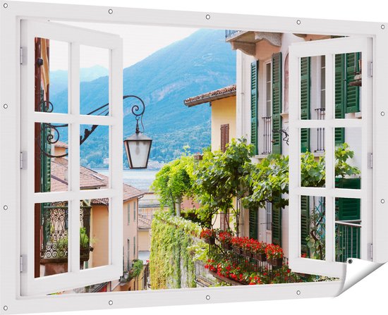 Gards Tuinposter Doorkijk Kleurijk Straatje in Italie - 180x120 cm - Tuindoek - Tuindecoratie - Wanddecoratie buiten - Tuinschilderij