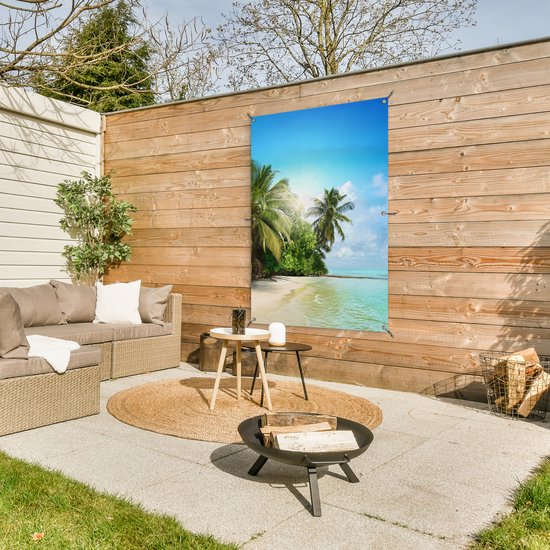 Tuinposter 80x120 cm - Tuindecoratie Zee - Palmboom - Strand - Tropisch - Blauw - Groen - Poster voor in de tuin - Buiten decoratie - Schutting tuinschilderij - Tuindoek muurdecoratie - Wanddecoratie balkondoek