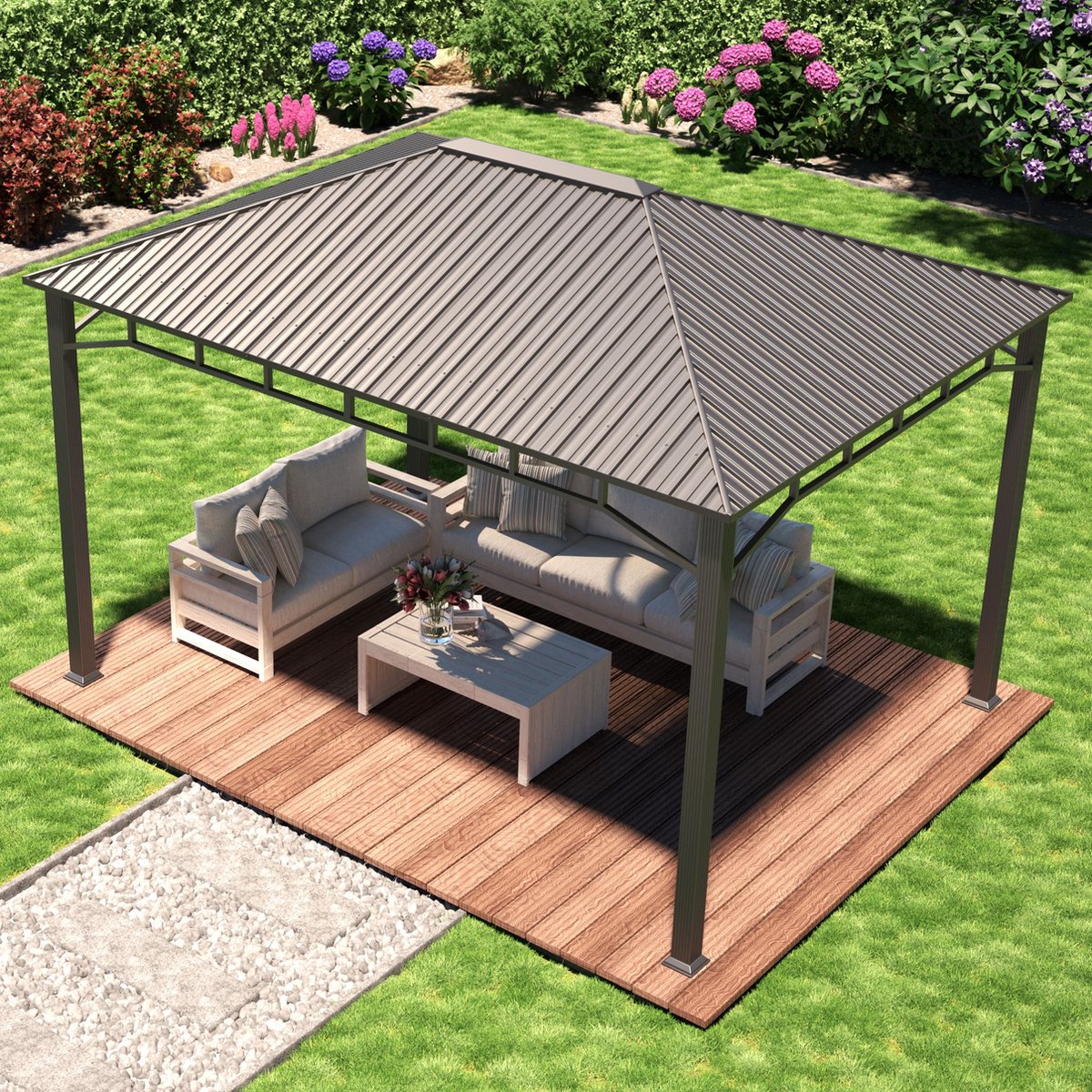 Pavillon de jardin 3x4 m toit rigide en acier, sans parois latérales,  profil 9x9cm | bol