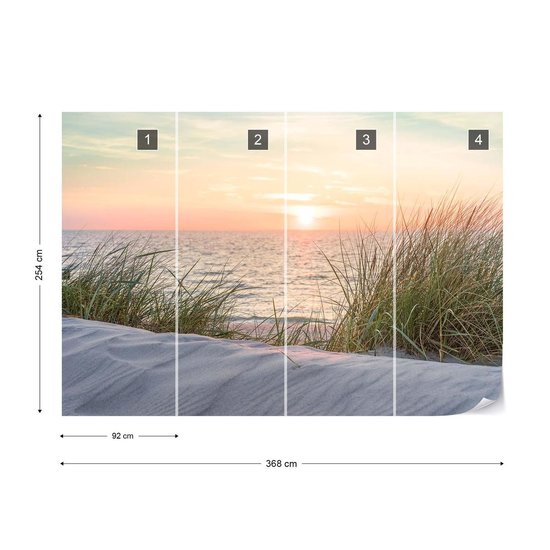 Papier peint Coucher de soleil sur la plage des dunes de sable côtières | V8 - 368 cm x 254 cm | Polaire 130gr / m2