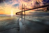 Fotobehang City Bridge Beach Sun Portugal Sunset | PANORAMIC - 250cm x 104cm | 130g/m2 Vlies