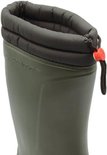 Close-up van de gewatteerde kraag van een groene Dunlop regenlaars met trekkoord.