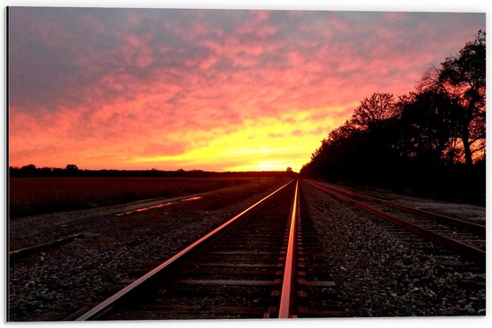 Dibond - Zon verdwijnend achter Treinrails - 60x40 cm Foto op Aluminium (Met Ophangsysteem)