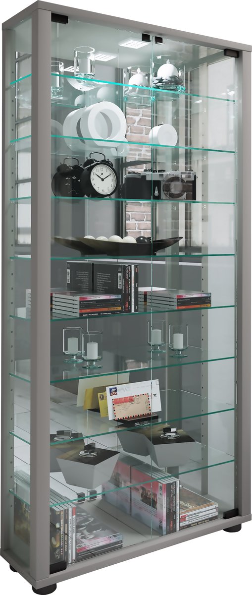Vcm Houten vitrinekast Verzamelvitrine Staande vitrinekast Lumo Maxi spiegel zilver
