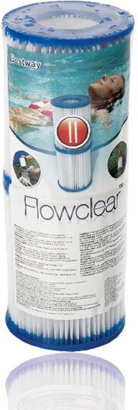 Een Bestway Flowclear zwembadfilter in verpakking met afbeelding van zwemmend meisje.