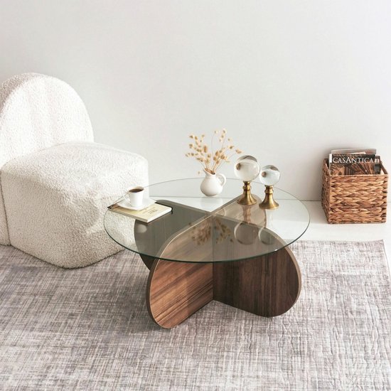 Ronde Salontafel glas hout - walnoot - 75x35cm - gehard glass - Ronde ...