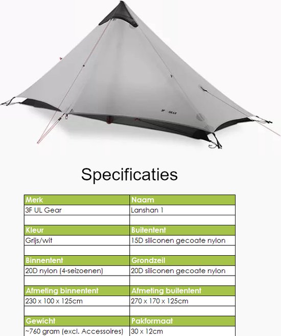 3F UL GEAR® Lanshan 1-persoons Tent - Ultra Lichtgewicht - 4 seizoenen ...