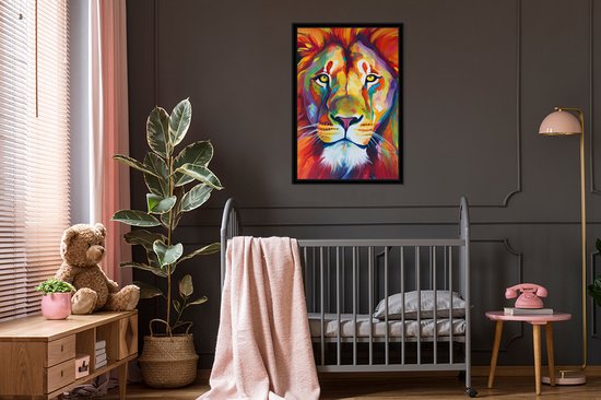 Cadre photo avec affiche - Lion - Animaux - Peinture à l'huile - Arc-en-ciel - 60x90 cm - Cadre pour affiche