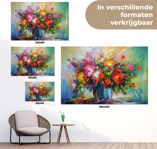 Affiche de jardin Fleurs - Coloré - Pot de fleurs - Peinture à l'huile - 130x80 cm - Décoration murale Extérieur - Affiche de jardin - Toile de jardin - Affiche de clôture - Tableau de jardin