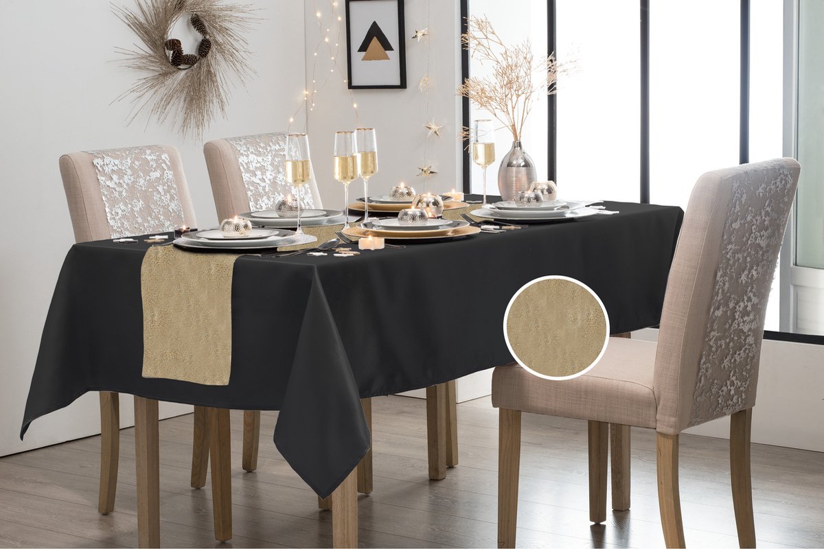 Feest tafelkleed met glitter tafelloper op rol - zwart/goud - 10 meter