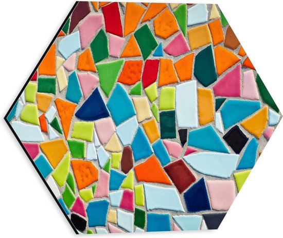 Dibond Hexagon - Mozaïek van Verschillende Kleuren - 30x26.1 cm Foto op Hexagon (Met Ophangsysteem)