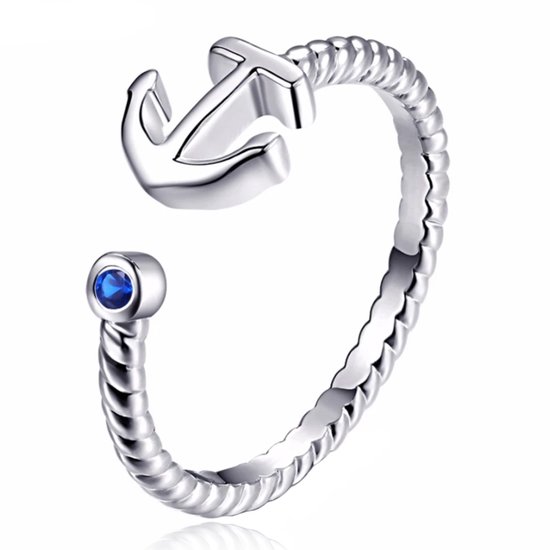 Zilverkleurige Dames Ring Verstelbaar met Anker en Blauwe Zirkonia