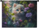 Wandkleed - Wanddoek - Kitten - Bloemen - Bos - Illustratie - Poes - 90x67.5 cm - Wandtapijt
