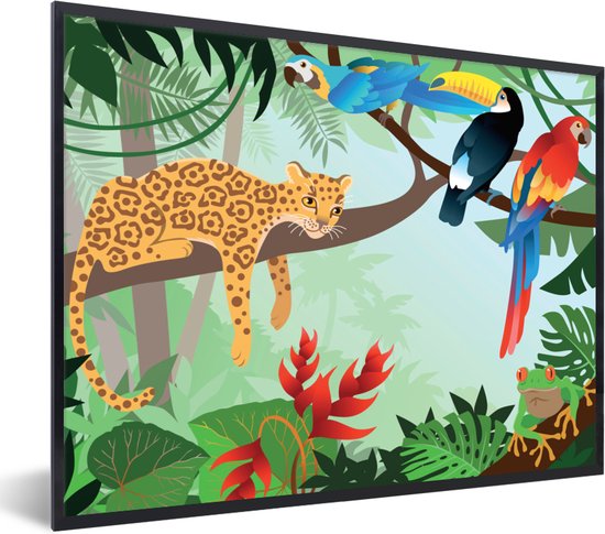 Fotolijst incl. Poster - Jungle dieren - Toekan - Jongens - Meiden - Luipaard - 80x60 cm - Posterlijst