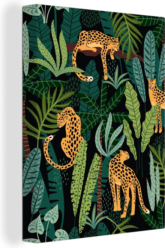 Canvas Schilderij Jungle - Panter - Patronen - Jongens - Meiden - Planten - 60x80 cm - Wanddecoratie