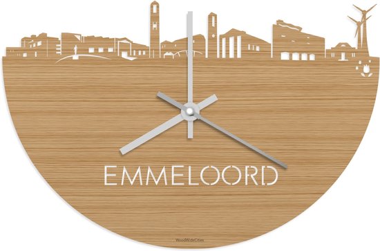 Skyline Klok Emmeloord Bamboe hout - Ø 40 cm - Stil uurwerk - Wanddecoratie - Meer steden beschikbaar - Woonkamer idee - Woondecoratie - City Art - Steden kunst - Cadeau voor hem - Cadeau voor haar - Jubileum - Trouwerij - Housewarming -