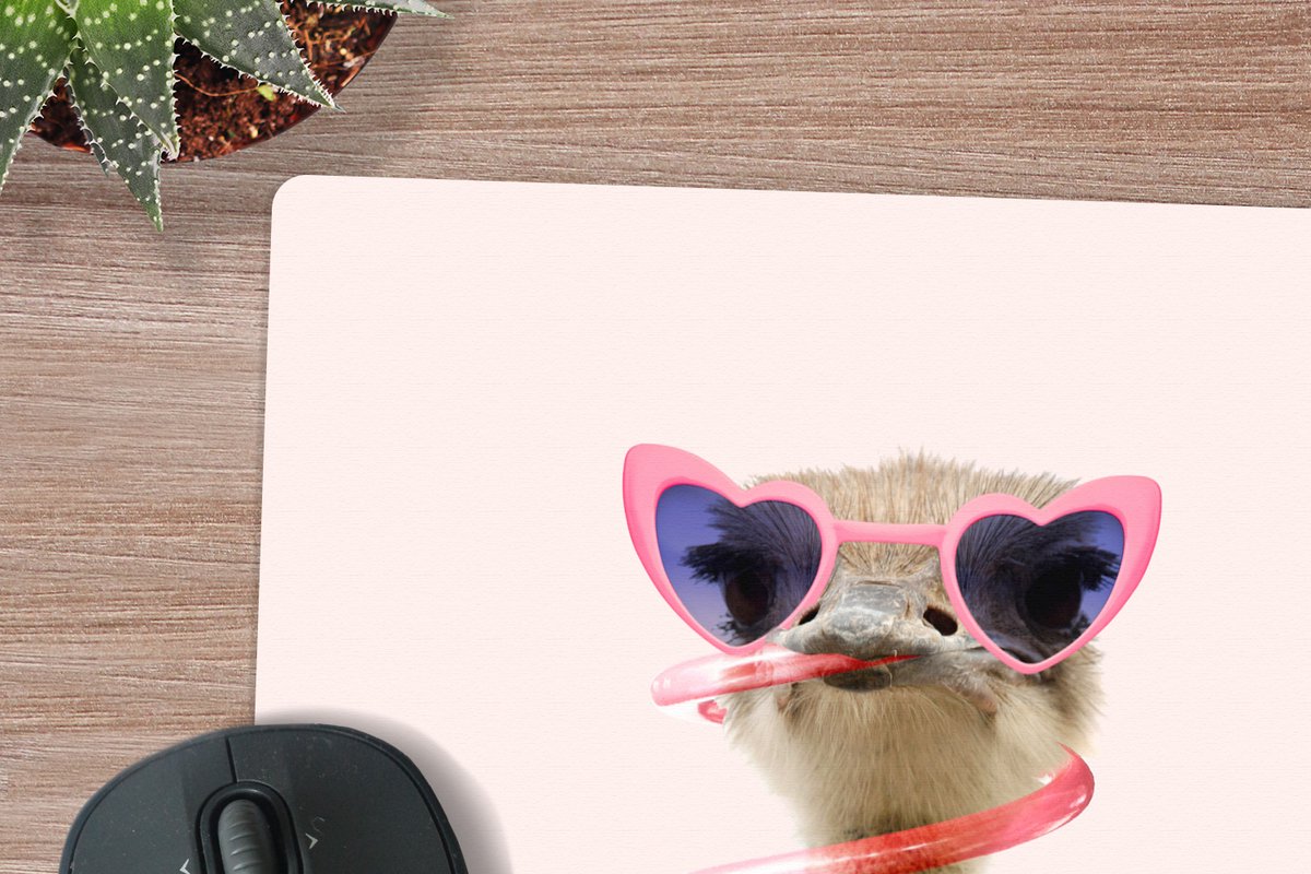 Muismat xxl - Mousepad xxl - Muismat grappig - Bureau accessoires - Struisvogel - Zonnebril - Roze - Dieren - 40x40 cm