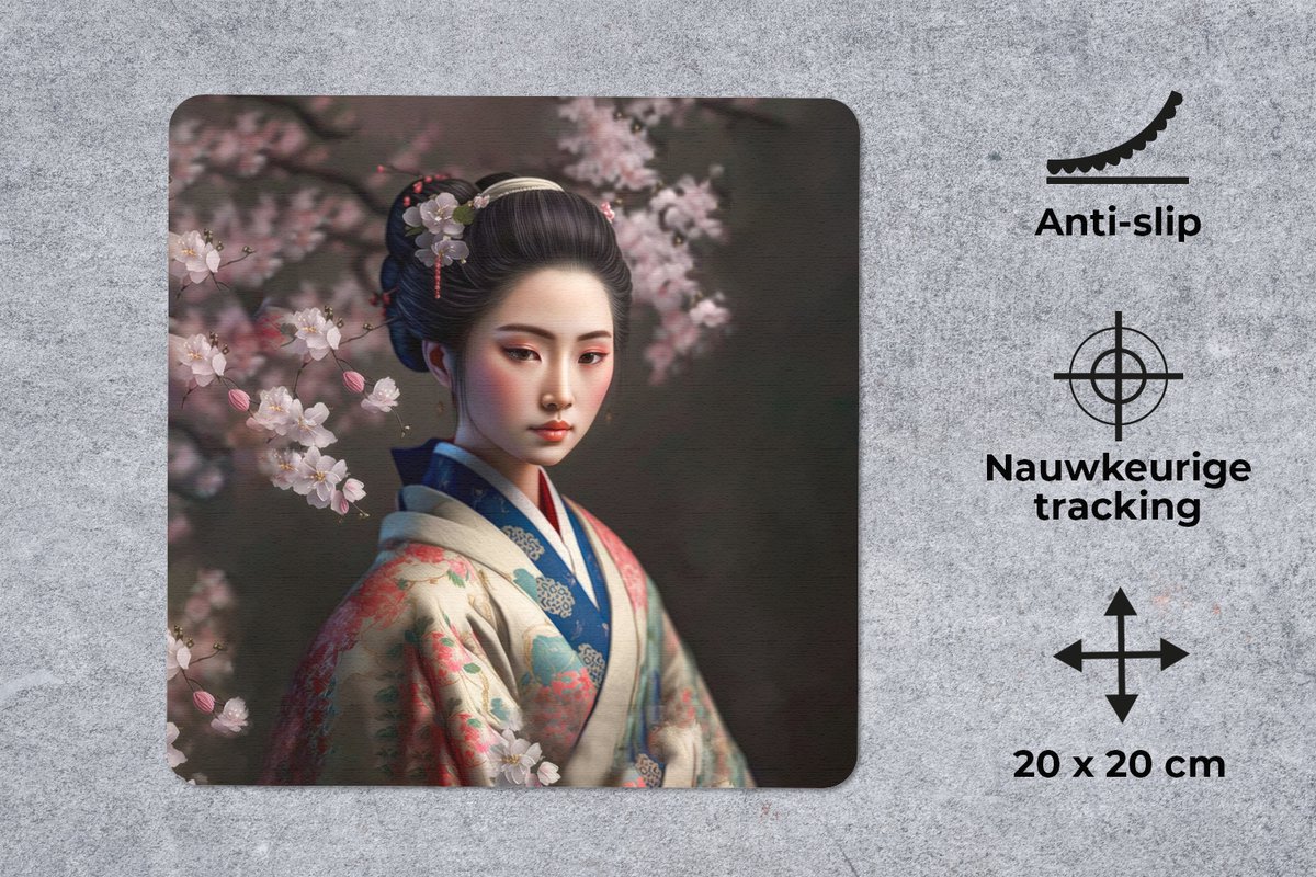Muismat 20x20 cm - Mousepad Vrouw - Sakura - Kimono - Aziatisch - Portret - Muismatten