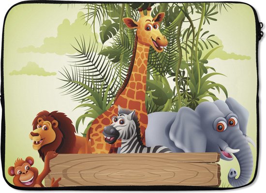 Laptophoes 13 inch - Jungle dieren - Natuur - Planken - Kinderen - Giraffe - Laptop sleeve - Binnenmaat 32x22,5 cm - Zwarte achterkant