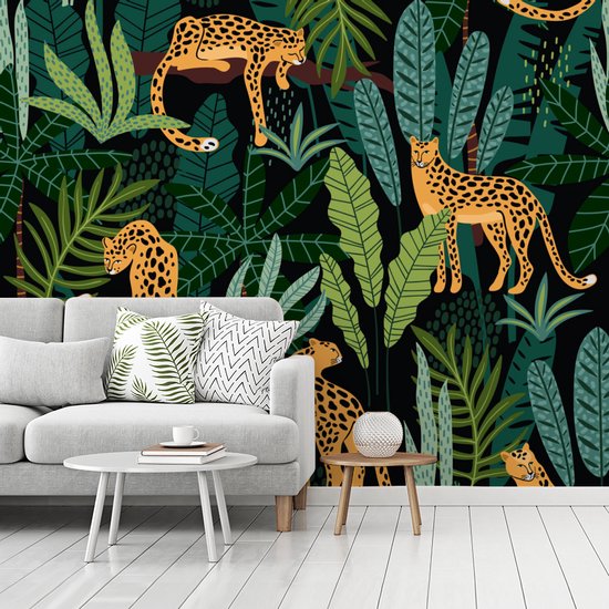 Behang - Fotobehang Jungle - Panter - Patronen - Jongens - Meiden - Planten - Breedte 300 cm x hoogte 240 cm