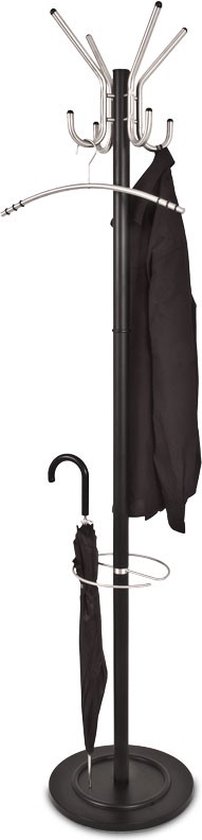 Kapstok - Zwart Staande kapstok 8 haaks - RVS Haken - RVS parapluhouder - Verzwaarde voet met lekbak - Garderobe kapstok - 36 x 36 x 178 cm