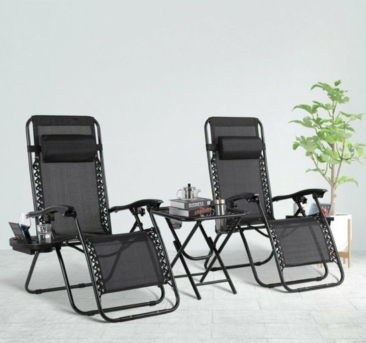 Happyment Opvouwbare strandstoelen 2 stuks - Tuinstoelen met tafeltje - Zonnebed - 0° tot 160° Verstelbaar - Zwart
