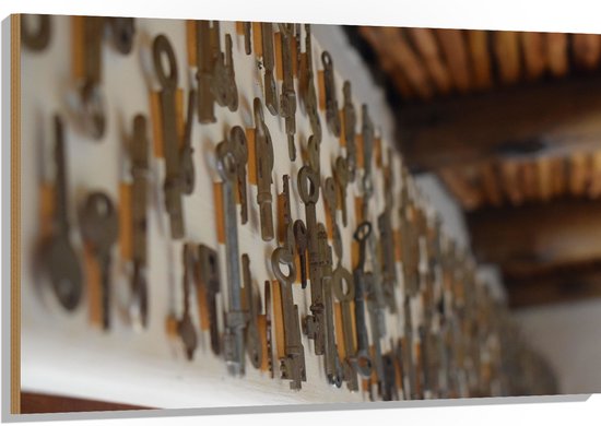 Hout - Close-up van Sleutels aan de Muur - 120x80 cm - 9 mm dik - Foto op Hout (Met Ophangsysteem)