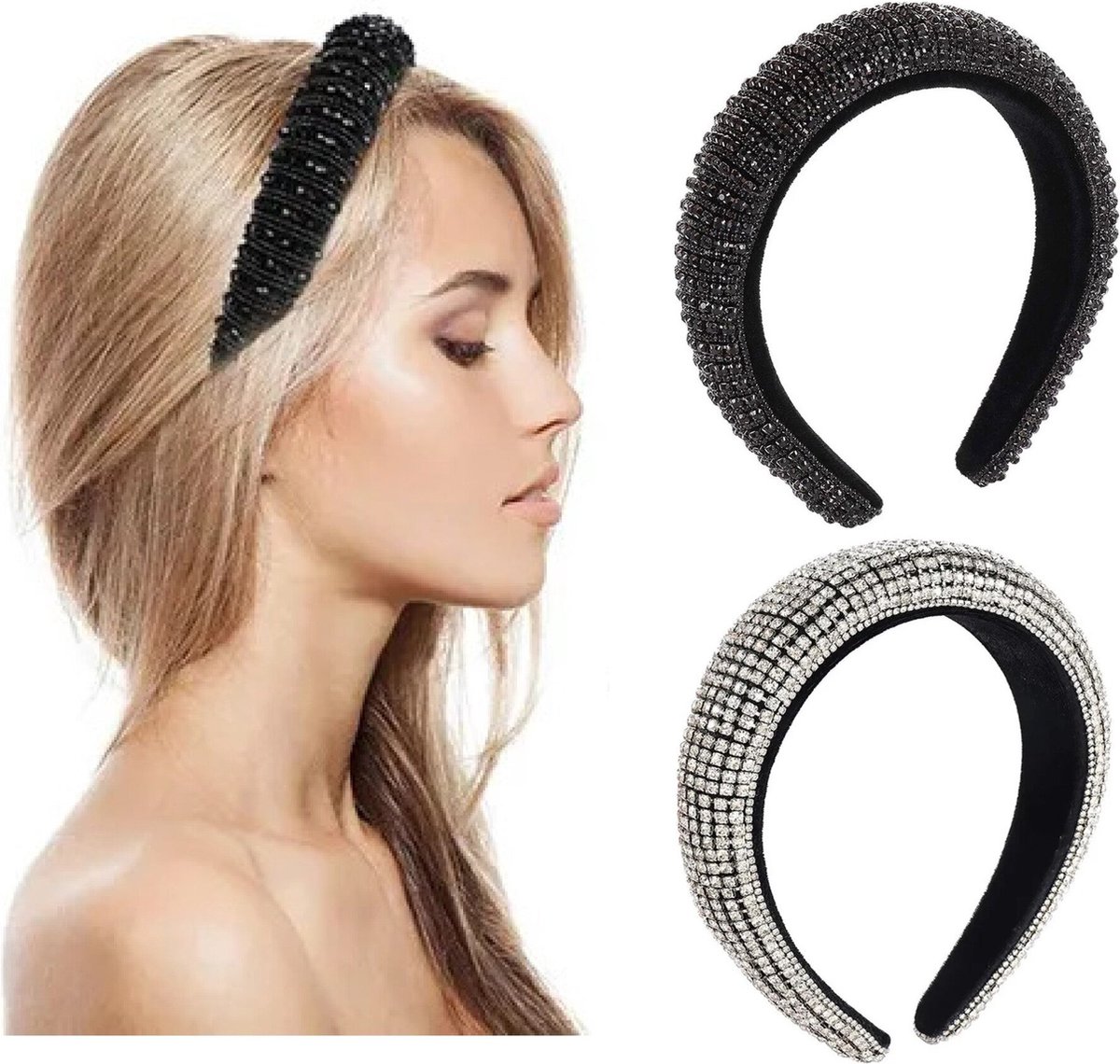 2 Stuks - Glitter Haarbanden Diadeems Strass Steentjes - Zilver en Zwart - Party Haarband
