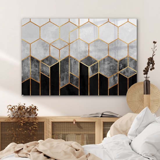 MuchoWow® Glasschilderij - Goud - Hexagon - Chic - Patronen - Luxe - 90x60 cm - Acrylglas Schilderijen - Foto op Glas - MuchoWow