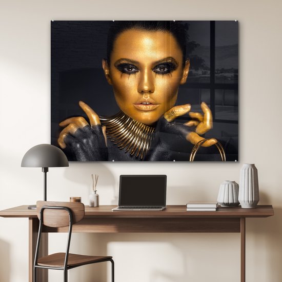 MuchoWow® Peinture sur Verre - Maquillage - Sac - Goud - Luxe - Femme - 120x90 cm - Peintures sur Verre Peintures - Photo sur Glas