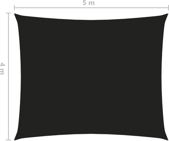 Zwart rechthoekig schaduwdoek, 4 meter hoog en 5 meter breed.