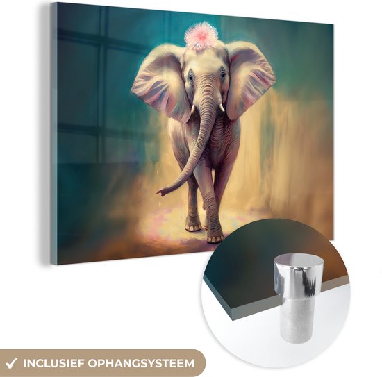 MuchoWow® Glasschilderij 30x20 cm - Schilderij acrylglas - Olifant - Dieren - Verf - Bloemen - Portret - Kinderen - Foto op glas - Schilderijen