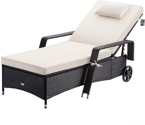 Casaria Polyrattan Ligstoel – Incl. Kussen tot 160 Kg - Zwart Crème