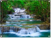 Tuinschilderij Waterval - Bomen - Natuur - Water - Jungle - 80x60 cm - Tuinposter - Tuindoek - Buitenposter