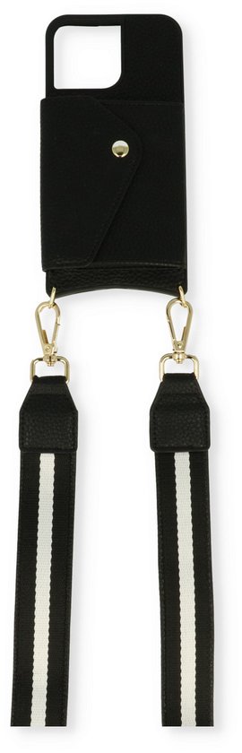 Casemania Coque pour Apple iPhone 14 Pro Zwart - Coque arrière avec sangle réglable - Porte-cartes et cordon