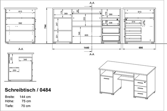 Germania - Bureau - 145 cm - Antraciet