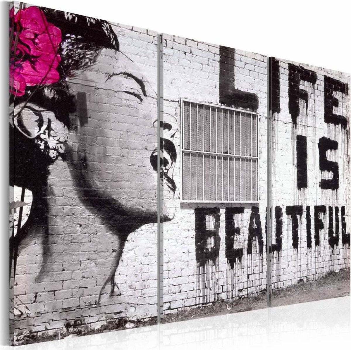 Schilderij Banksy Life is Beautiful, ZwartWit, 3luik