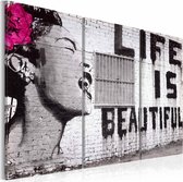 Schilderij - Banksy - Life is Beautiful, Zwart-Wit, 3luik , ,wanddecoratie , premium print op canvas