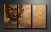 Canvas Schilderijen (Wanddecoratie woonkamer / slaapkamer) - Schilderij Boeddha Bruin - 160 x 90 cm 3-Luik