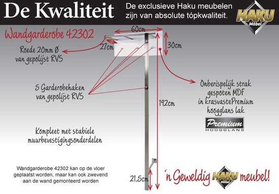 HAKU Wandkapstok chroom, wit, MDF, metaal - Maat: B 80 cm x H 30 cm x D 6 cm, Stijl: Modern