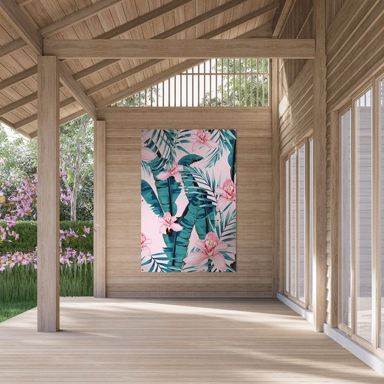 Gards Affiche de jardin Tropical Pink Summer Fleurs with Leaves - 120x180 cm - Toile jardin - Décoration de jardin - Décoration murale extérieur - Tableau jardin